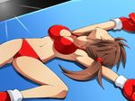  1girl beaten bikini boxing_gloves breasts brown_hair cleavage defeated full_body long_hair lying navel on_back original ponytail shamanwer solo swimsuit thong unconscious underwear 