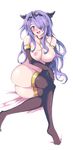  ass bad_id bad_pixiv_id black_legwear blush breasts camilla_(fire_emblem_if) collar echizen_(hvcv) fire_emblem fire_emblem_if hair_over_one_eye highres large_breasts long_hair lying nipples on_side open_mouth purple_hair simple_background smile solo thighs tiara white_background 