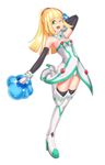 bare_shoulders blonde_hair boots breasts cleavage commentary_request cosmog cosplay detached_collar full_body gen_7_pokemon gloves green_eyes hacka_doll hacka_doll_1 hacka_doll_1_(cosplay) hair_ornament high_heel_boots high_heels high_ponytail highres lillie_(pokemon) long_hair looking_at_viewer one_eye_closed open_mouth pokemon pokemon_(game) pokemon_sm pom_poms shoukin500 small_breasts smile solo standing standing_on_one_leg thigh_boots thighhighs white_footwear white_legwear 