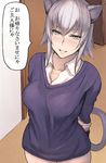  animal_ears arms_behind_back breasts cat_ears cat_tail check_translation green_eyes grin large_breasts original pepe_(jonasan) silver_hair smile solo tail translation_request 