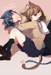  1girl animal_ears antenna_hair blue_eyes blue_hair blue_skirt brown_eyes brown_hair cat_day cat_ears cat_tail clannad furukawa_nagisa hikarizaka_private_high_school_uniform loafers looking_at_viewer lying necktie okazaki_tomoya on_side pleated_skirt red_neckwear sailor_collar school_uniform serafuku shoes short_hair skirt tail takumi_(scya) 