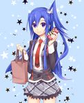  bag blue_background cowboy_shot hair_between_eyes kazanari_tsubasa long_hair lydian_academy_uniform necktie one_side_up school_uniform senki_zesshou_symphogear smile solo star touyama_sabu translation_request 