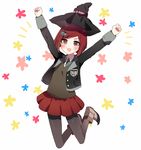 :3 blush brown_hair clenched_hands commentary_request danganronpa full_body hair_ornament hairclip hat jumping manio new_danganronpa_v3 open_mouth outstretched_arms pantyhose pleated_skirt red_eyes school_uniform short_hair skirt smile solo witch_hat yumeno_himiko 