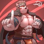  2017 abs anthro biceps canine clothed clothing horkeukamui loincloth male mammal muscular one_eye_closed reclamon tokyo_afterschool_summoners wink wolf 