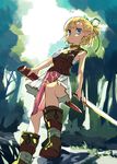  bare_arms bare_shoulders blonde_hair blue_eyes boots brown_footwear buckle choker closed_mouth collarbone dappled_sunlight day earrings elf expressionless forest green_choker green_ribbon hair_ribbon highres holding holding_sword holding_weapon jewelry knee_boots loincloth looking_at_viewer nature nuqura original outdoors pointy_ears ponytail ribbon rock sheath short_hair skirt solo standing stud_earrings sunlight sword tareme unsheathed weapon white_skirt 