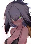  arms_at_sides bare_arms bare_shoulders bikini bikini_top black_hair blush breasts cleavage closed_mouth collarbone commentary eyebrows_visible_through_hair green_eyes grey_bikini grey_bikini_top grey_hair hair_between_eyes highres kemono_friends large_breasts looking_at_viewer multicolored_hair serious shoebill_(kemono_friends) silver_hair simple_background solo strap_gap sweat swimsuit try tsurime two-tone_hair upper_body white_background 