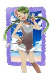  :d ;d bangs bare_arms bare_shoulders beach blue_sky blush breasts cloud cloudy_sky collarbone dark_skin day floating_hair flower green_eyes green_hair hair_flower hair_ornament hand_on_hip headband highres holding ladle long_hair looking_at_viewer mao_(pokemon) naga_(naga54321) ocean one_eye_closed open_mouth outline overalls parted_bangs pokemon pokemon_(game) pokemon_sm pouch shirt shorts sky small_breasts smile solo standing strapless suspenders teeth tongue trial_captain twintails undershirt v white_shirt 