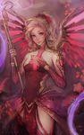  1girl abstract_background adapted_costume blonde_hair blue_eyes bodysuit breasts bridal_gauntlets commentary cowboy_shot curly_hair faulds flower glowing glowing_wings hair_flower hair_ornament hand_on_own_chest heart high_ponytail highres holding light_smile looking_at_viewer matilda_vin mechanical_halo mechanical_wings mercy_(overwatch) nail_polish overwatch pelvic_curtain pink_background pink_wings red_nails small_breasts solo spread_wings staff star wings 