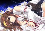  bare_shoulders black_skirt brown_hair commentary detached_sleeves flower hairband headgear japanese_clothes kantai_collection kongou_(kantai_collection) long_hair lying nontraditional_miko on_side petals purple_eyes remodel_(kantai_collection) ribbon-trimmed_skirt ribbon-trimmed_sleeves ribbon_trim sheita skirt smile solo white_flower wide_sleeves 