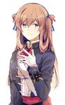  arm_at_side bad_id bad_pixiv_id bangs brown_hair closed_mouth colored_eyelashes eyebrows_visible_through_hair girls_frontline gloves green_eyes hair_between_eyes hair_ribbon hair_rings hair_tie hand_up line_shading long_hair long_sleeves looking_at_viewer m1903_springfield_(girls_frontline) military military_uniform red_neckwear retto ribbon sash simple_background sketch smile solo uniform upper_body white_background white_gloves 