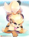  2017 anthro arcanine breasts fangs female hi_res looking_at_viewer lying nintendo nude on_back patreon paws pok&eacute;mon pok&eacute;morph solo text tongue tongue_out tsampikos video_games 