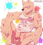  2016 abs anthro balls biceps brown_fur brown_penis canine clothed clothing condom erection eyewear fur glasses male mammal markings muscular muscular_male nipples partially_clothed penis red_eyes seecle_4511 shirt smile solo translucent transparent_clothing vein wet_clothes wet_shirt 