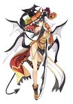  between_breasts blue_eyes breasts brown_hair demon_girl demon_tail demon_wings eyepatch full_body hat high_heels highres holding holding_sword holding_weapon jack-o'-lantern leg_up long_hair looking_at_viewer loose_thighhigh multiple_wings pelvic_curtain sengoku_no_sadorihime simple_background smile solo sword tail weapon white_background wings 