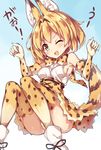  ;d animal_ears animal_print ass blonde_hair blush boots bow bowtie breasts commentary_request cross-laced_clothes dress elbow_gloves gloves gradient gradient_background highres kemono_friends legs_up looking_at_viewer medium_breasts one_eye_closed open_mouth panties serval_(kemono_friends) serval_ears serval_print serval_tail short_hair sideboob sleeveless sleeveless_dress smile solo tail thighhighs unacchi_(nyusankin) underwear v-shaped_eyebrows yellow_eyes 