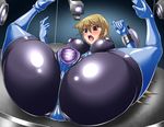  1girl ass blonde_hair blush breasts female game_cg hajime_shindo huge_ass huge_breasts latex latex_suit latex_thighhighs legs_up leotard long_hair looking_at_viewer lying nipples no_bra purple_eyes shiny shiny_clothes spread_legs tenjouin_asuka thong_leotard yu-gi-oh! yuu-gi-ou_gx 