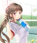  ball bangs blurry blush bottle bra breasts brown_hair day depth_of_field eyebrows_visible_through_hair hands_up highres holding holding_bottle holding_hair long_hair looking_at_viewer looking_back medium_breasts miyaza moe2017 open_mouth original outdoors pocari_sweat ponytail purple_eyes see-through short_sleeves sidelocks solo sweat swept_bangs teeth tennis_ball tennis_court underwear upper_body white_bra 