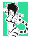  2017 9air anthro bikini breasts cat clothing digital_media_(artwork) feline female fur hair hi_res kay long_hair looking_at_viewer mammal odd_eyes second_life simple_background smile solo striped_fur stripes swimsuit tiger white_fur white_tiger 