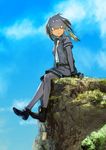  &gt;:( ankle_boots bangs black_gloves blue_sky bodystocking boots cloud cloudy_sky day eyebrows_visible_through_hair eyelashes fingerless_gloves from_side frown full_body gloves grey_hair grey_shirt head_wings highres jpeg_artifacts kemono_friends looking_at_viewer low_ponytail moss mountain multicolored_hair necktie outdoors outstretched_arms pocket ponytail shirt shoebill_(kemono_friends) shoelaces short_sleeves shorts side_ponytail sitting sky solo takeyuki15 tsurime v-shaped_eyebrows wings yellow_eyes 