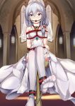  1girl arms_behind_back ball_gag bangs bare_shoulders bdsm blue_eyes blush bondage bound bound_ankles breasts bridal_veil church detached_sleeves dress drooling eyebrows_visible_through_hair gag garter_straps hair_between_eyes hair_ornament hair_over_shoulder highres honkai_impact indoors legs_crossed long_hair looking_at_viewer side_cutout sidelocks silver_hair small_breasts soles solo tearing_up theresa_apocalypse thighhighs tied_hair tied_up veil wedding_dress white_dress white_legwear yiduan_zhu 