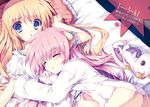  ass bed blonde_hair blue_eyes bottomless closed_eyes dress eco_(dragonar) eyebrows highres long_hair looking_at_viewer lying multiple_girls novel_illustration official_art on_back on_side pillow pink_hair seikoku_no_dragonar shimesaba_kohada silvia_lautreamont sleeping white_dress 