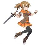  black_legwear brown_hair full_body hair_ornament holding holding_sword holding_weapon looking_at_viewer official_art orange_skirt pleated_skirt red_eyes ribbon short_hair short_twintails silica simple_background skirt smile solo striped striped_ribbon sword sword_art_online sword_art_online:_code_register thighhighs twintails weapon white_background wrist_ribbon zettai_ryouiki 