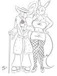  2017 anthro big_breasts breasts cane cleavage clothed clothing coat digimon dipstick_tail duo eyewear feather_in_hat female fishnet fishnet_legwear footwear glasses hand_on_hip hat hi_res high_heels holding_object legwear male mammal midriff money monochrome multicolored_tail navel neck_tuft open_mouth platform_shoes rat renamon rodent sailoranna shoes simple_background skimpy skirt standing tube_top tuft white_background yawg_(character) 