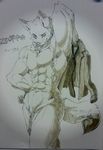  anthro canine clothed clothing geppei5959 looking_at_viewer male mammal muscular smile solo standing topless traditional_media_(artwork) 