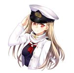  black_ribbon black_shirt blonde_hair hair_between_eyes hair_ribbon hat jacket kantai_collection long_hair lowres military_hat onceskylark red_eyes red_jacket remodel_(kantai_collection) ribbon salute scarf shirt simple_background smile solo upper_body very_long_hair white_background white_scarf yuudachi_(kantai_collection) 