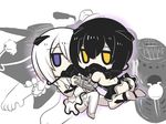  abyssal_twin_hime_(black) abyssal_twin_hime_(white) backless_dress backless_outfit black_hair chibi commentary dress elbow_gloves gloves goma_(gomasamune) hair_between_eyes hair_ornament highres holding_hands kantai_collection kneeling looking_at_viewer multiple_girls oxygen_mask purple_eyes rigging shinkaisei-kan short_hair sitting sleeveless sleeveless_dress teeth thighhighs white_background white_hair yellow_eyes 