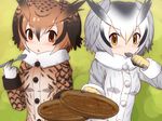  :o bangs bowl brown_eyes brown_hair buttons coat commentary curry curry_rice eating eurasian_eagle_owl_(kemono_friends) eyebrows_visible_through_hair food fur_trim gloves green_background grey_hair hair_between_eyes head_wings holding holding_spoon iwahana kemono_friends long_sleeves looking_at_viewer multicolored_hair multiple_girls northern_white-faced_owl_(kemono_friends) parted_lips plate rice short_hair silver_hair spoon spoon_in_mouth symmetry white_gloves white_hair yellow_eyes 