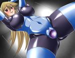  1girl blonde_hair blush breasts female game_cg hajime_shindo huge_breasts latex latex_suit latex_thighhighs leotard long_hair looking_at_viewer naughty_face nipples purple_eyes shiny shiny_clothes smile standing tenjouin_asuka thong_leotard yu-gi-oh! yuu-gi-ou_gx 