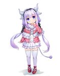  absurdres beads blue_eyes capelet cookman dragon_girl dragon_horns dress finger_to_mouth full_body hair_beads hair_ornament hairband highres horns kanna_kamui kobayashi-san_chi_no_maidragon long_hair open_mouth ribbon shoes silver_hair solo tail thighhighs twintails white_legwear 