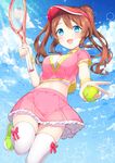  :d ball bangs blue_sky blush breasts brown_hair chitetan cleavage cloud cloudy_sky commentary_request crop_top crop_top_overhang day diffraction_spikes dutch_angle eyebrows_visible_through_hair frilled_skirt frills hair_between_eyes holding holding_ball leg_up light_rays long_hair looking_at_viewer medium_breasts midriff moe2017 open_mouth original outdoors pink_shirt pink_skirt racket shirt shoes short_sleeves skirt sky smile sneakers solo sparkle sportswear standing standing_on_one_leg star sunbeam sunlight tennis tennis_ball thighhighs twintails v visor_cap wavy_hair white_legwear white_shirt zettai_ryouiki 