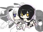  abyssal_twin_hime_(black) abyssal_twin_hime_(white) backless_dress backless_outfit black_hair blush_stickers chibi dress elbow_gloves gloves goma_(gomasamune) hair_between_eyes hair_ornament highres holding_hands kantai_collection kneeling looking_at_viewer multiple_girls purple_eyes rigging shinkaisei-kan short_hair sitting sleeveless sleeveless_dress teeth thighhighs white_background white_hair yellow_eyes 