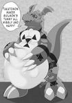  belly big_belly dialogue digimon english_text guilmon hand_on_stomach post_vore scalie text vore xepher777 