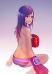  arm_at_side ass back bangs barefoot boxing_gloves breasts closed_mouth covering covering_breasts from_behind gloves gradient gradient_background gradient_hair hand_up highres joo_yann_ang long_hair looking_at_viewer looking_back multicolored_hair nose original panties purple_hair red_eyes red_gloves sitting small_breasts soles solo striped striped_panties swept_bangs topless underwear underwear_only wariza 