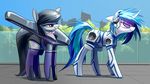  black_hair blue_hair cutie_mark day duo equine female feral friendship_is_magic hair hooves horn mammal my_little_pony octavia_(mlp) outside sky smile standing underpable unicorn vinyl_scratch_(mlp) 