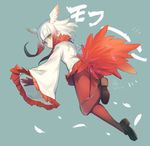  2017 artist_name azutarou bangs blue_background blunt_bangs dated eyebrows_visible_through_hair feather_trim feathered_wings feathers flying frilled_sleeves frills from_behind full_body gloves head_wings jacket japanese_crested_ibis_(kemono_friends) kemono_friends long_sleeves looking_at_viewer looking_back multicolored_hair outstretched_arms pantyhose pleated_skirt red_gloves red_hair red_legwear red_skirt shoes short_hair_with_long_locks sidelocks signature simple_background skirt slit_pupils solo tail white_hair wide_sleeves wings yellow_eyes 