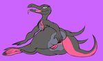  2017 anthromaster anus big_butt butt female grey_scales hand_on_butt looking_at_viewer lying nintendo nude on_side pink_scales pok&eacute;mon purple_background purple_eyes purple_scales pussy pussy_juice reptile salazzle scales scalie simple_background solo spread_anus spread_butt spreading tongue tongue_out video_games 