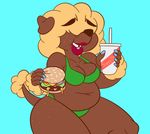  2017 afro beverage blonde_hair breasts burger canine clothed clothing digital_media_(artwork) dog fast_food female food hair jeanette_(teknikolor) lips mammal messy nails navel poodle simple_background slightly_chubby smile soda solo thick_thighs tongue tooth_gap wide_hips 