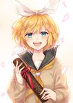  1girl blonde_hair blue_eyes blush bow cherry_blossoms diploma graduation hair_bow hair_ornament hairclip holding kagamine_rin long_sleeves looking_at_viewer nazuna_shizuku open_mouth ribbon school_uniform tube vocaloid white_bow white_ribbon 