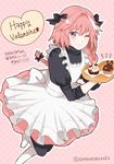  apron astolfo_(fate) blush braid candy dress fate/apocrypha fate/grand_order fate_(series) food hair_ribbon long_hair looking_at_viewer maid male_focus one_eye_closed otoko_no_ko pink_hair purple_eyes ribbon simple_background single_braid solo srnk white_hair 