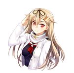  black_ribbon black_shirt blonde_hair hair_between_eyes hair_ribbon jacket kantai_collection long_hair lowres onceskylark red_eyes red_jacket remodel_(kantai_collection) ribbon salute scarf shirt simple_background smile solo upper_body very_long_hair white_background white_scarf yuudachi_(kantai_collection) 