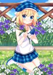  1girl blonde_hair blue_eyes blush cleavage flower hat kitsuneco necklace original shovel sitting skirt smile solo 