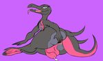  2017 anthromaster anus balls big_butt butt crossgender grey_scales hand_on_butt looking_at_viewer lying male nintendo nude on_side penis pink_scales pok&eacute;mon precum purple_background purple_eyes purple_scales reptile salazzle scales scalie simple_background solo spread_anus spread_butt spreading tongue tongue_out video_games 