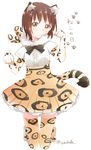  animal_ears bafarin bangs black_bow black_neckwear blush bow bowtie brown_eyes brown_hair cat_day center_frills commentary cosplay elbow_gloves eyebrows_visible_through_hair frilled_skirt frills full_body funami_yui fur_collar gloves highres jaguar_(kemono_friends) jaguar_(kemono_friends)_(cosplay) jaguar_ears kemono_friends kneeling looking_at_viewer multicolored multicolored_clothes multicolored_legwear paw_pose paw_print pleated_skirt print_gloves print_legwear print_skirt seiyuu_connection short_hair short_sleeves simple_background skirt solo tail thighhighs translated tsuda_minami twitter_username white_background yuru_yuri zettai_ryouiki 