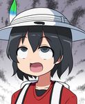  ahegao backpack bag black_eyes black_hair collarbone duplicate eyebrows eyebrows_visible_through_hair feathers hair_between_eyes hat hat_feather helmet jpeg_artifacts kaban_(kemono_friends) kemono_friends looking_up masara masara_ahegao open_mouth pith_helmet red_shirt rolling_eyes shirt short_hair solo upper_body 