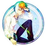  2014 artist_name blue_hair blue_neckwear character_name circle dated dress_shirt fcnixe flower happy_birthday long_sleeves looking_at_viewer male_focus matsudappoiyo multicolored_hair necktie red_eyes round_image shirt solo sweatband utau wristband 