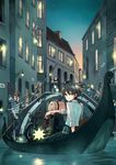  6+girls arm_support black_hair blonde_hair blurry boat bridge brown_hair child city closed_eyes crossed_arms depth_of_field dusk gondola green_eyes ground_vehicle hat hermes highres kino kino_no_tabi lantern long_hair looking_back mare_(pixiv) mother_and_daughter motor_vehicle motorcycle multiple_boys multiple_girls old_man plant pouch railing river running scenery sign sitting smile star star_(sky) suspenders vines water watercraft waving window 