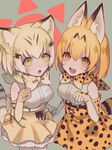  :d :o absurdres animal_ears bare_shoulders blonde_hair bow bowtie breasts cat_ears cat_girl cat_tail cowboy_shot cross-laced_clothes elbow_gloves eyelashes fang frilled_skirt frills gloves grey_background hair_between_eyes highres holding_hands jpeg_artifacts kemono_friends kirudai lace looking_at_viewer looking_up medium_breasts multicolored_hair multiple_girls open_mouth orange_eyes orange_hair paw_pose pocket sand_cat_(kemono_friends) sanpaku serval_(kemono_friends) serval_ears serval_print serval_tail shirt short_hair sidelocks skirt sleeveless sleeveless_shirt smile striped_tail tail tareme teeth white_shirt yellow_eyes 